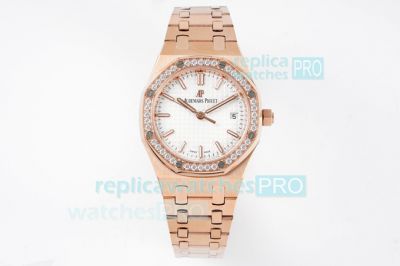 Audemars Piguet Royal Oak Ladies Rose Gold Watch White Dial Diamond Bezel Swiss Replica Watch 34MM